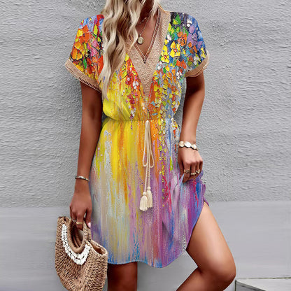 Printed Short Sleeve Lace V-neck Tight Waist Dress