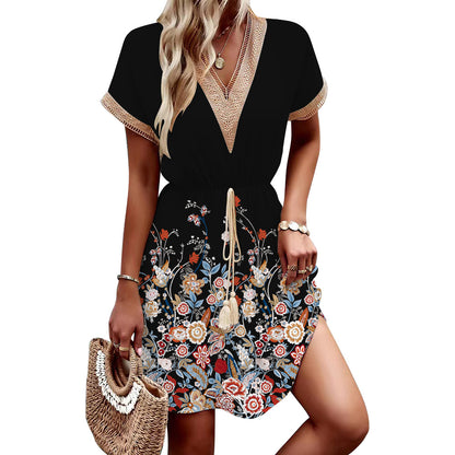 Printed Short Sleeve Lace V-neck Tight Waist Dress