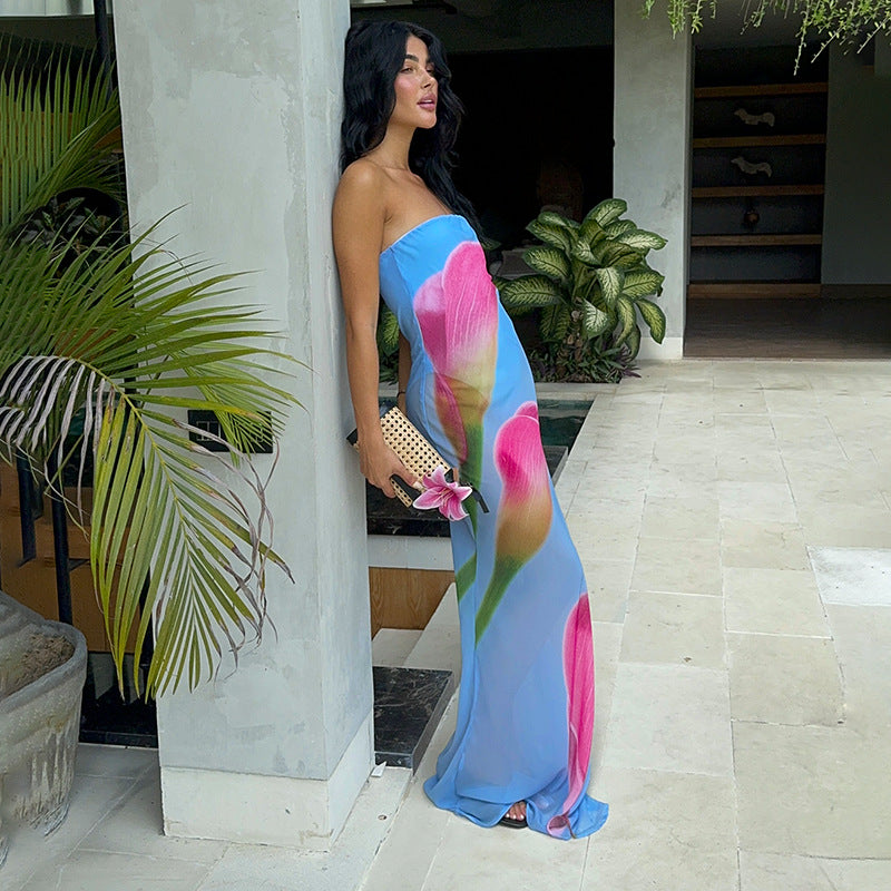 European And American Flower Chiffon Tube Top Long Dress