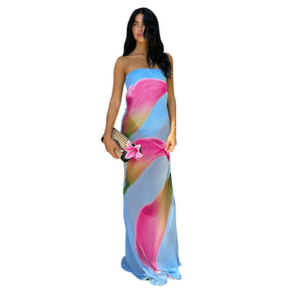 European And American Flower Chiffon Tube Top Long Dress