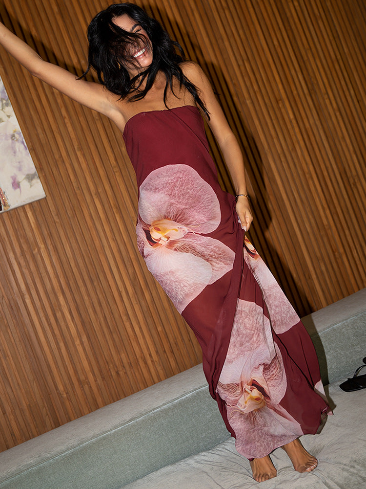 European And American Flower Chiffon Tube Top Long Dress