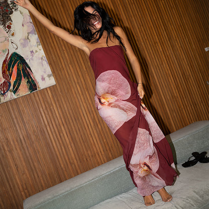 European And American Flower Chiffon Tube Top Long Dress
