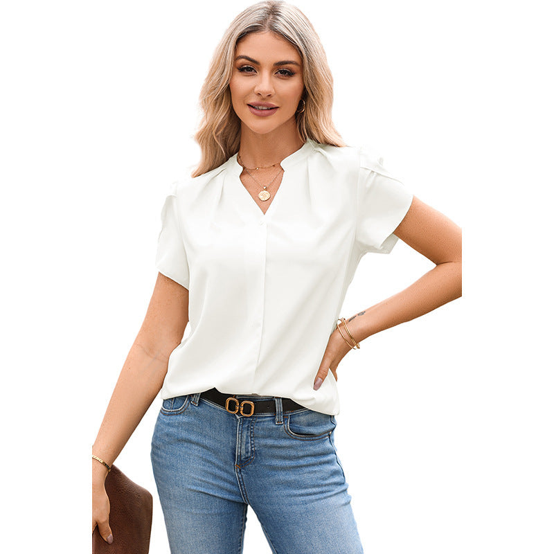 Solid Color Pullover V-neck Chiffon Shirt For Women