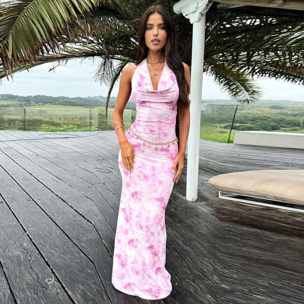 Women's Printing Series Neck Sexy Backless Skinny Dress