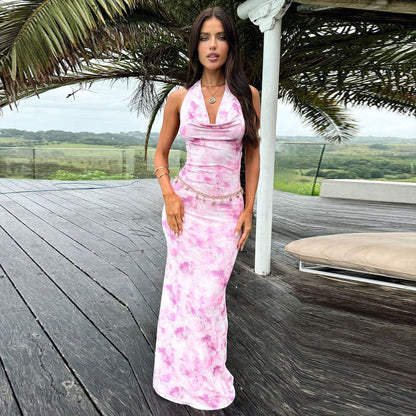 Women's Printing Series Neck Sexy Backless Skinny Dress
