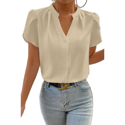 Solid Color Pullover V-neck Chiffon Shirt For Women