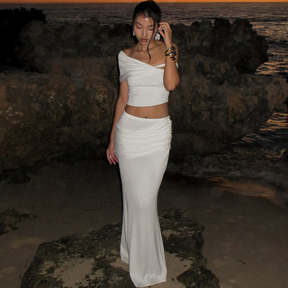 Solid Color Creative Slim-fit Oblique Shoulder Long Dress Suit Women