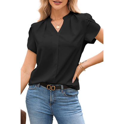 Solid Color Pullover V-neck Chiffon Shirt For Women