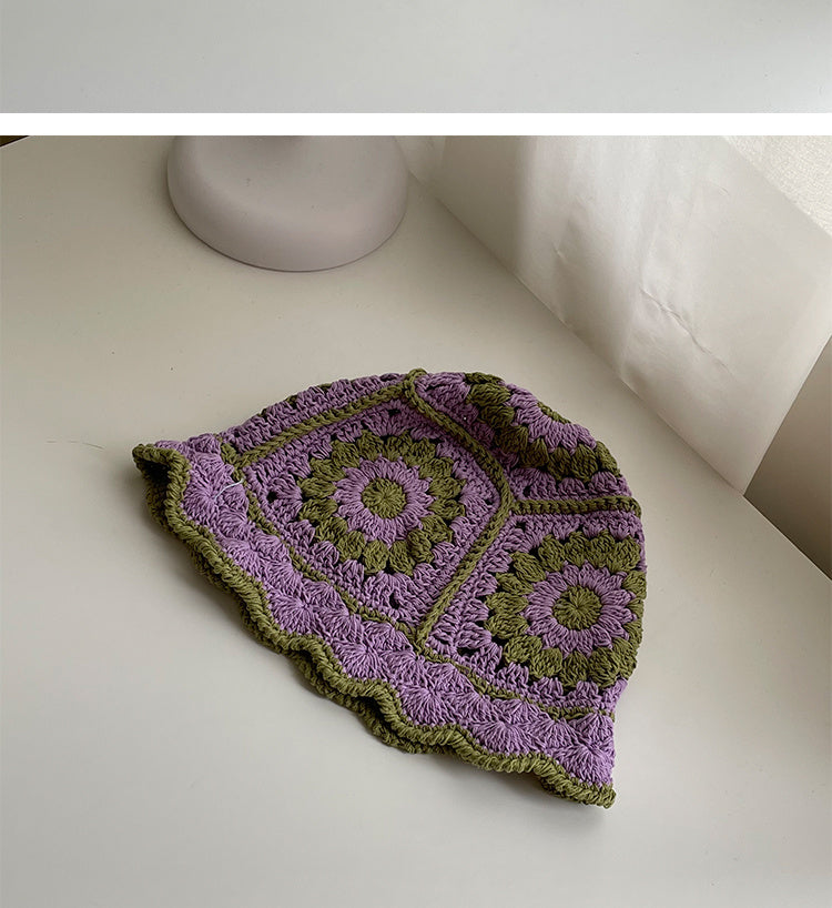 Handmade Design Double Color Hollow Basin Hat Women''s Japanese Knitted Crochet Bucket Hat Korean Wool Fisherman Hat