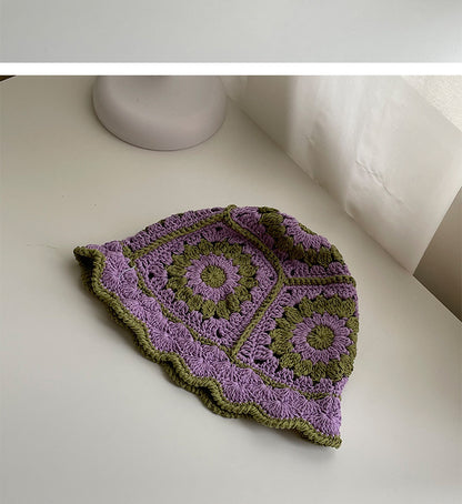 Handmade Design Double Color Hollow Basin Hat Women''s Japanese Knitted Crochet Bucket Hat Korean Wool Fisherman Hat