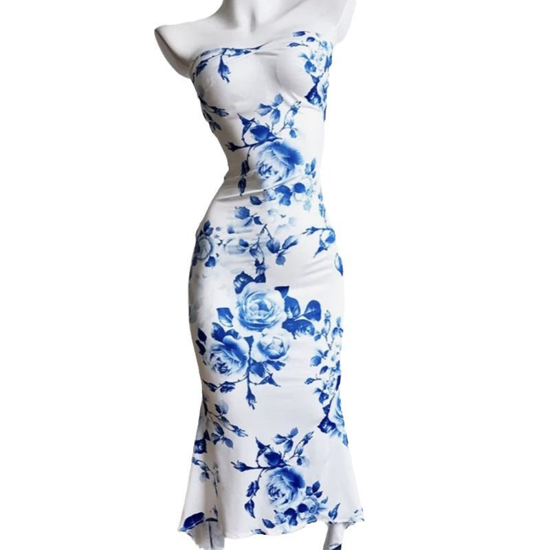 Print Tube Top Dress Blue And White Porcelain Sheath Fishtail Skirt