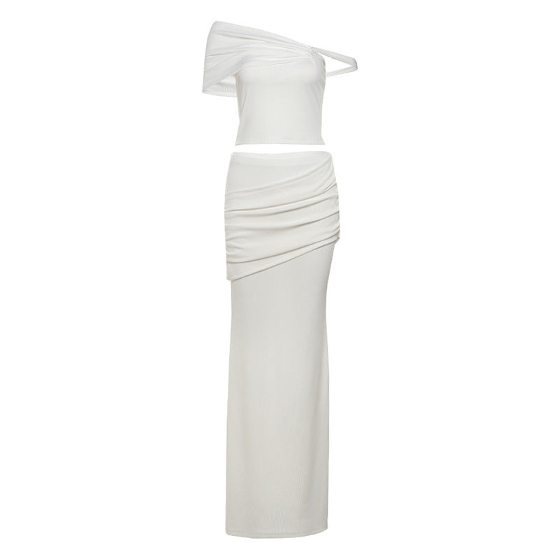 Solid Color Creative Slim-fit Oblique Shoulder Long Dress Suit Women