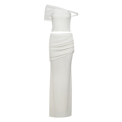 Solid Color Creative Slim-fit Oblique Shoulder Long Dress Suit Women
