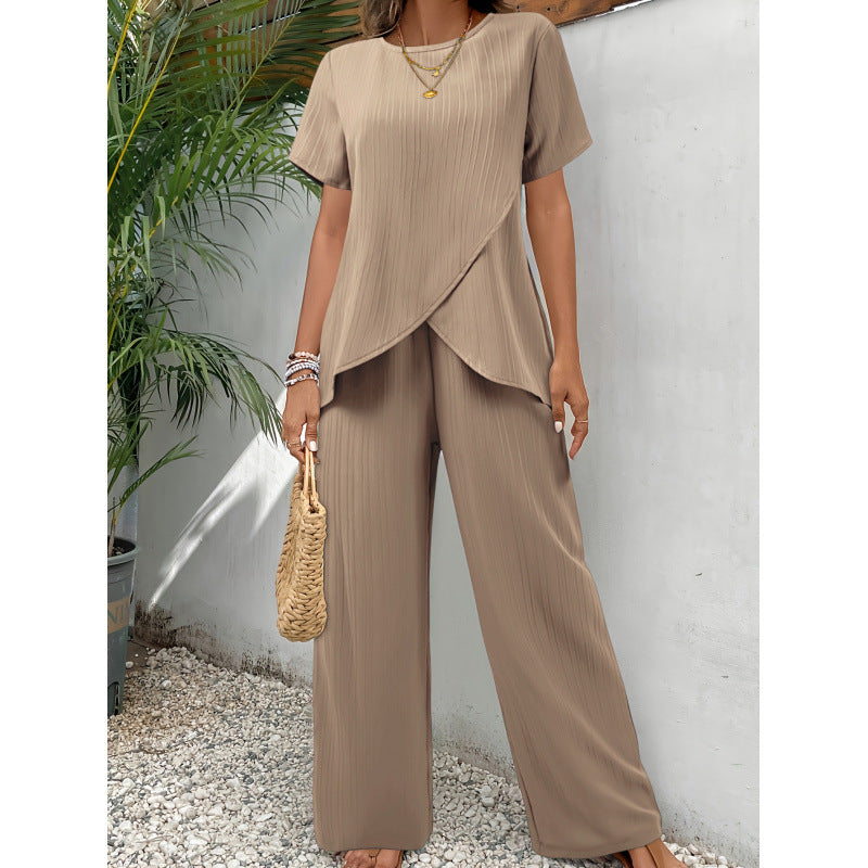 Two-piece Short Sleeve Pullover Round Neck Loose Casual Irregular
