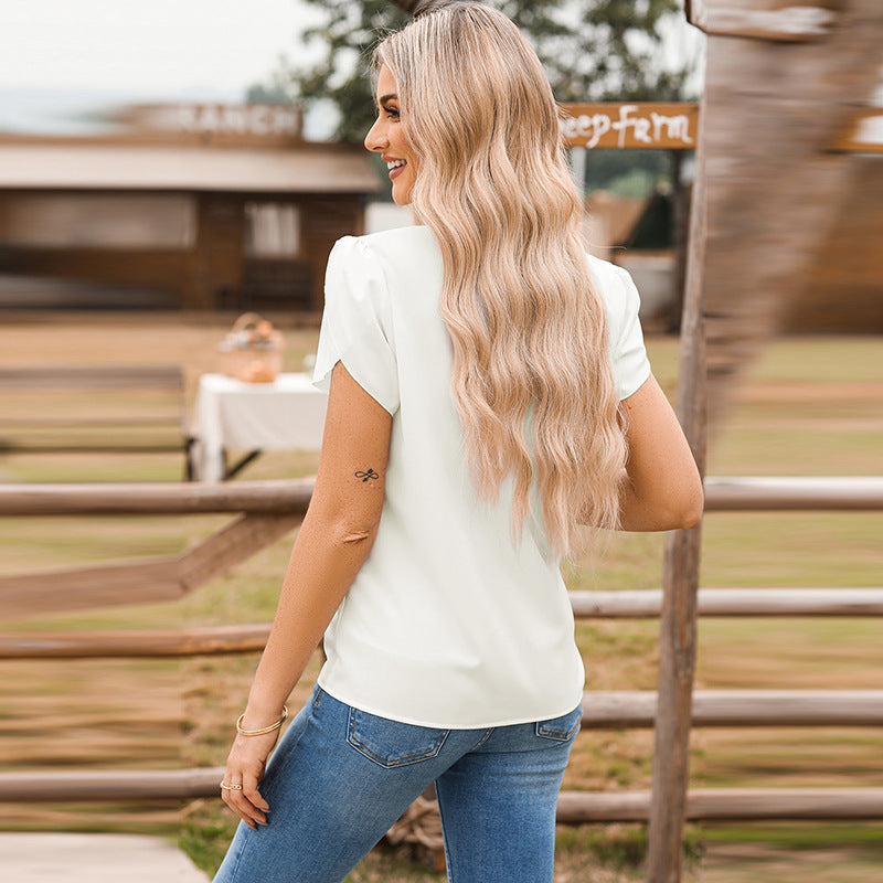 Solid Color Pullover V-neck Chiffon Shirt For Women