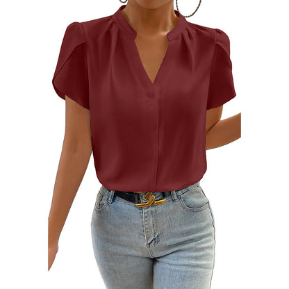 Solid Color Pullover V-neck Chiffon Shirt For Women