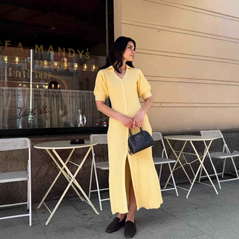 Bubble Sleeve Single-breasted Dress Lemon Yellow Retro Women
