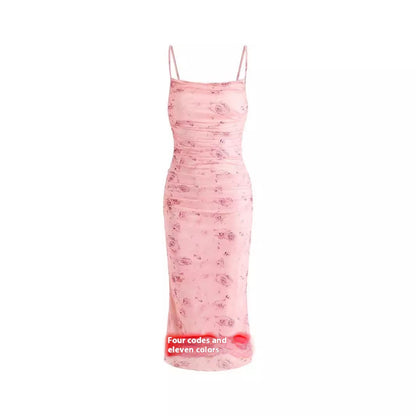 Slim-fit Pleated Elegant Mesh Floral Print Sexy Suspender Dress
