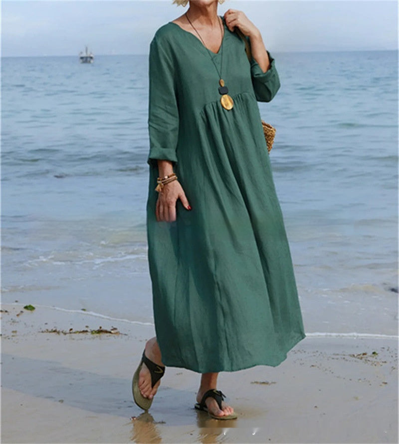 Cotton And Linen V-neck Loose Fashion Solid Color Long Sleeve Dress